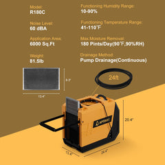 APTOOK 180 Pints Commercial Basement Dehumidifier with Pump OX-R180C